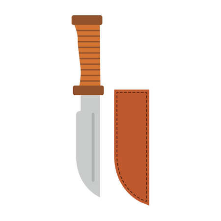 Hunting knife in flat style a vector.Army military combat knife metal wooden handle and a sheath.のイラスト素材