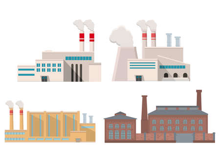 Industrial factory in flat style a vector an illustration.Plant or Factory Building.road tree window facade.のイラスト素材