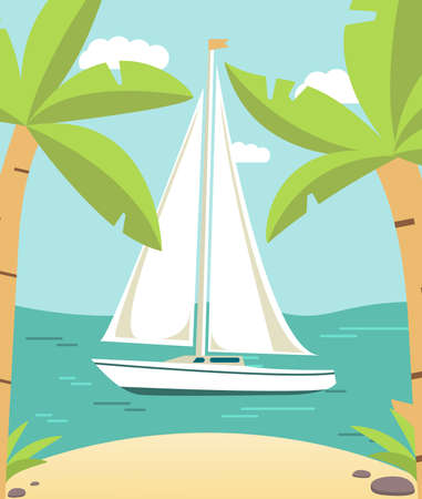 Cartoon summer tropical summer island landscape sandy beach palm trees sailing yacht.のイラスト素材