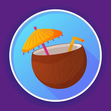 Beach cocktail coco icon.Pina colada in coconut with straw,umbrella,flower.のイラスト素材