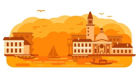 Venice city of Italy gondola .Sea landscape canal sunset.のイラスト素材