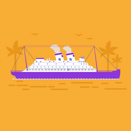 Cruise ship.Tropical island of a palm tree. Sea voyage.Flat vector.のイラスト素材