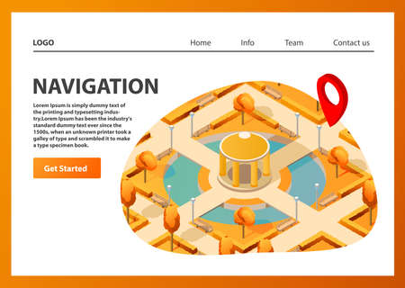 Isometric map mobile GPS navigation. Public autumn park navigator pin red color.のイラスト素材