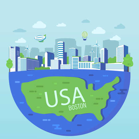 Downtown Boston.Skyline american city.Usa map.Green city concept.のイラスト素材