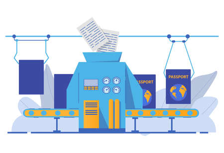 Paperwork passport with biometric data. Conveyor manufacturing document.のイラスト素材
