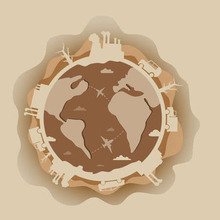 Planet air pollution.Dirty production.Trash and smoke factory.Poisoned smog in sky.Dead earth.Nature environment danger.のイラスト素材