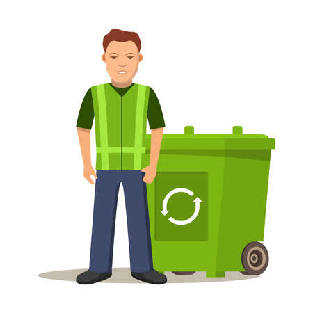 Garbage cleaner man or janitor.Cleaning litter.Garbage cans.のイラスト素材