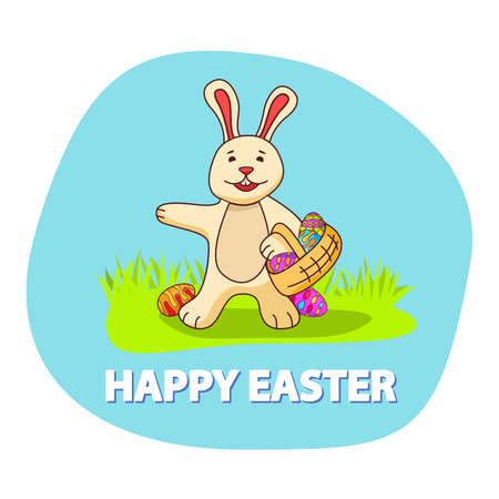The rabbit holds in hand a basket with Easter eggs. The poster is festive spring.のイラスト素材