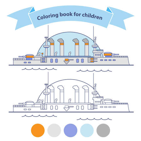 The warship with artillery. Battleship coloring book for children.のイラスト素材