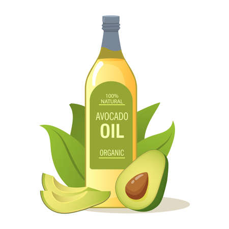 Avocado oil in glass bottle. Flat illustration vector isolated on white background.のイラスト素材
