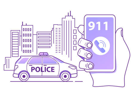 Calling a police patrol car. Hand holds smartphone. Mobile emergency application.のイラスト素材