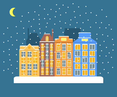 The winter city brought by snow from houses. A night urban city landscape with the falling snow.のイラスト素材