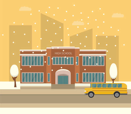Building of high school. Yellow school bus. A winter city landscape with falling snow.