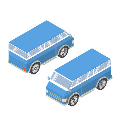 Vector isometric with the image of the tourist van. Vector flat a retro a van for travel. Vintage bus.のイラスト素材