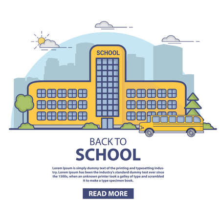 The building of city high and elementary school with the yellow bus.のイラスト素材