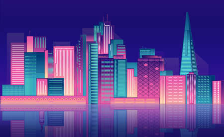 Night city neon light. Downtown American San Francisco.のイラスト素材