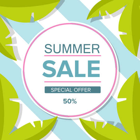Summer sale banner. Tropical palm leaves Geometric background blue strips line.のイラスト素材