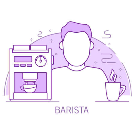 Barista outline cartoon character with a coffee maker and a cup.のイラスト素材