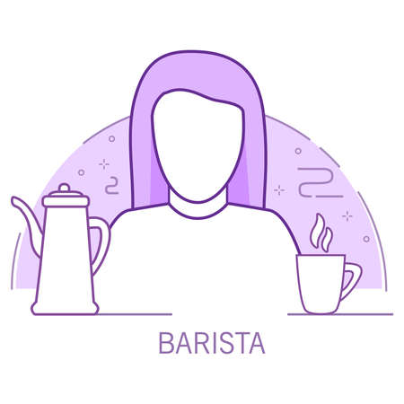 Girl barista outline cartoon character with a cappuccino and a paper cup of coffee.のイラスト素材
