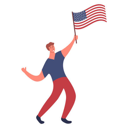 Man with flag USA. Joyful guy cartoon character.のイラスト素材