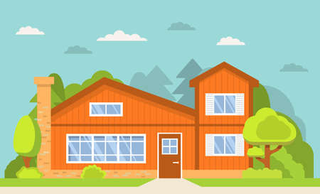 House exterior.Home front view facade with roof.のイラスト素材