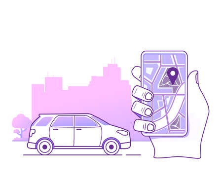 Smartphone navigation with point location map in the city.Car satellite urban navigation GPS.Hatchback urban SUV.のイラスト素材