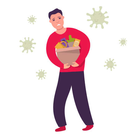 Dismissed sad man from job.Dismissal, layoff, severance guy due to coronavirus.のイラスト素材