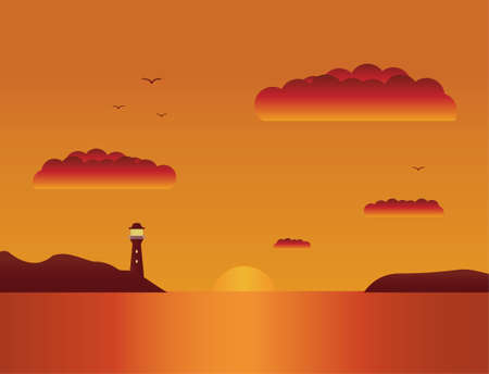 Vector a flat landscape a summer sunset at the sea.Beautiful beach tropical sunset landscape.Sunset over the sea.のイラスト素材