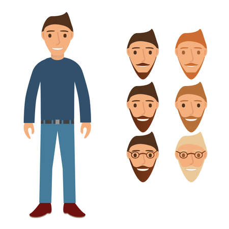The young guy in jeans a sweater and boots.A set of heads with different hairstyles and beards and moustaches and wearing spectacles.のイラスト素材