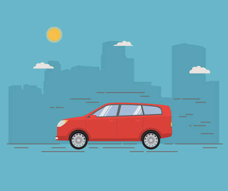 City family crossover. Car of red color body type hatchback. A city landscape with skyscrapers.のイラスト素材