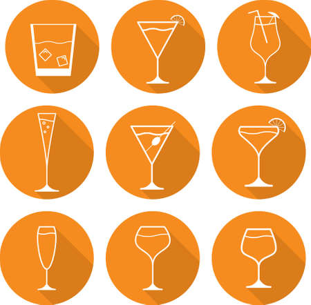 Set flat glasses outline for martini with an olive, champagne, wine, whisky with ice and different alcoholic cocktails.のイラスト素材