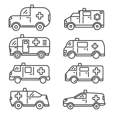 Set Ambulance car van icon.Flat outline vector illustration. Isolated on white background.のイラスト素材