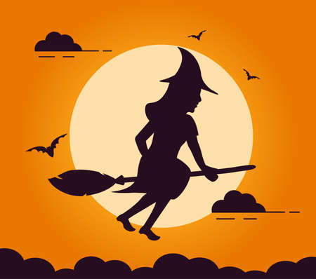 Witch flying silhouette on broomstick background of a full moon.のイラスト素材