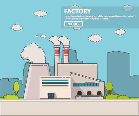 Industrial factory flat Line art vector an illustration.Plant or Factory Building road tree window facade.のイラスト素材