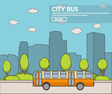 The city bus passenger a retro the old bus in flat style a vector. A landscape with silhouettes of skyscrapers.のイラスト素材