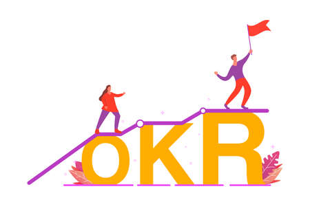 OKR Objectives and key results .Business concept.The guy is waving the flag.のイラスト素材