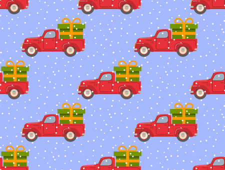 Retro pickup red truck with green gift box.Falling snow.のイラスト素材