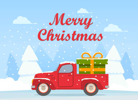 Retro pickup red truck with green gift box.Happy New Year postcard.のイラスト素材