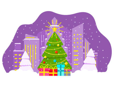 Winter night city with falling snow.Decorated christmas tree.のイラスト素材