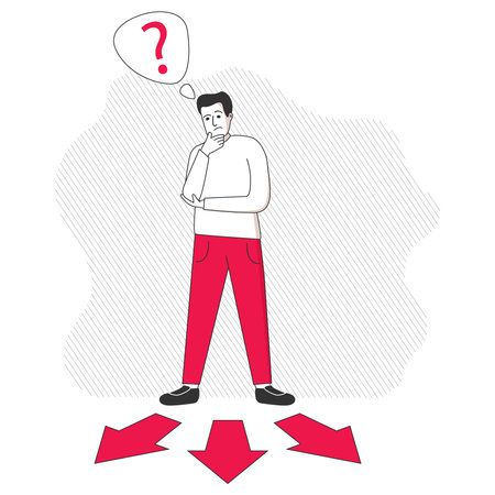 Choice way.Man standing at crossroads arrows.Guy standing choice of ways.のイラスト素材