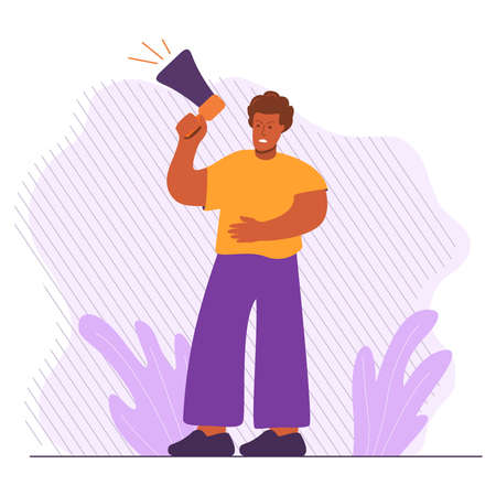 African american man holds loudspeaker. Black man protesting for their rights.のイラスト素材