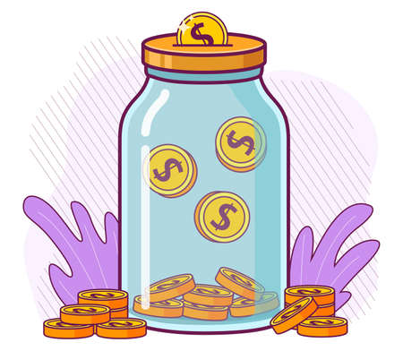 Save money in glass jar.Gold coins fall in moneybox.のイラスト素材