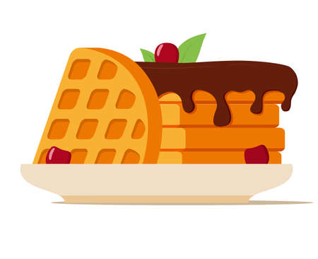 Wafer with chocolate topping.Waffles on a plate with cherry.のイラスト素材