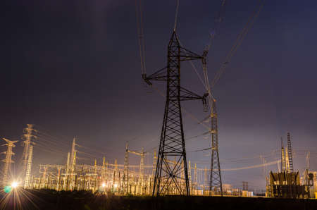 view electrical tower at night Valencia, Spainの写真素材