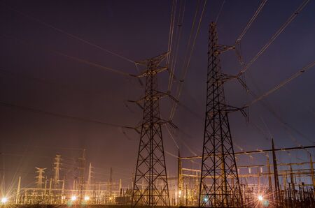 view electrical tower at night Valencia, Spainの写真素材