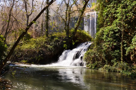 Waterfall in the Natural Park of the Monasterio de Piedra, Zaragoza, Aragon, Spain.の写真素材