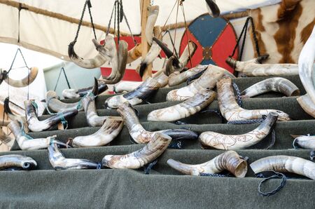 market sale old drinking horn in the Spainの写真素材