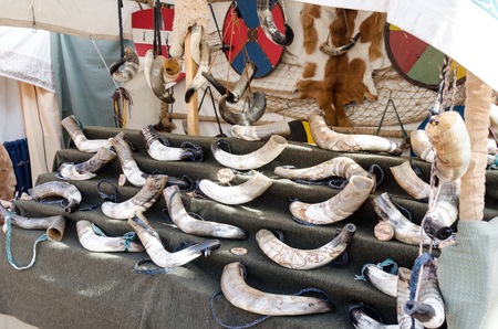 market sale old drinking horn in the Spainの写真素材