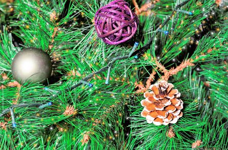 Decorated Christmas tree, sparkling and fairy backgroundの写真素材