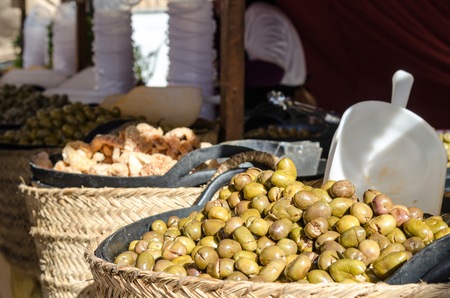 bowl of olives for sale at market Spainの写真素材